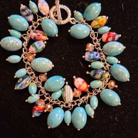 NWOT Turquoise Bead + Glass Bead Charm Bracelet - Picture 3 of 5